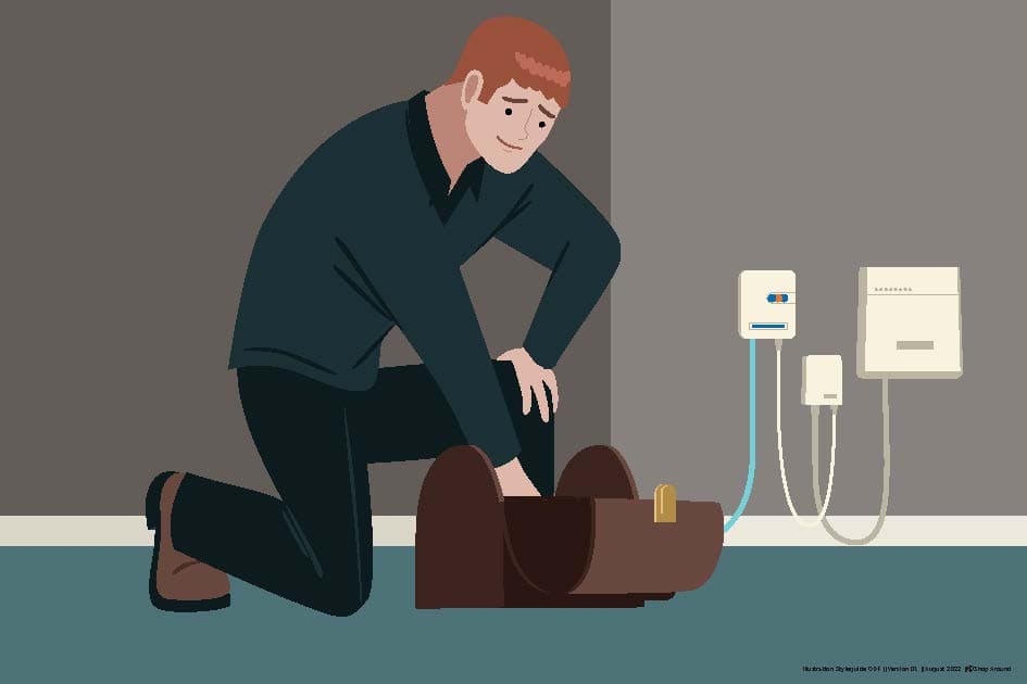 Illustration of a person kneeling and connecting cables in a home, with a toolbox nearby and sockets in view.