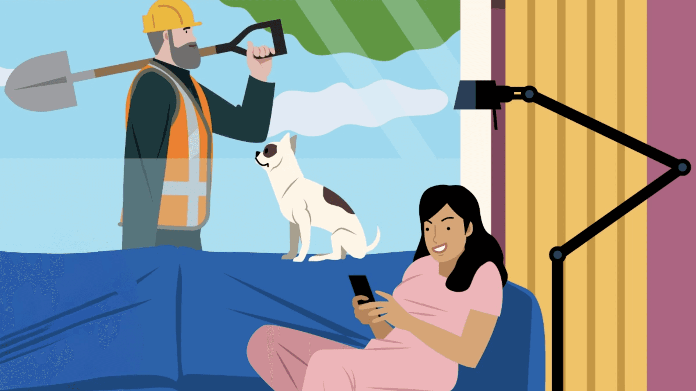 vrouw-op-de-bank-met-hond-en-monteur-lopend-in-de-tuin